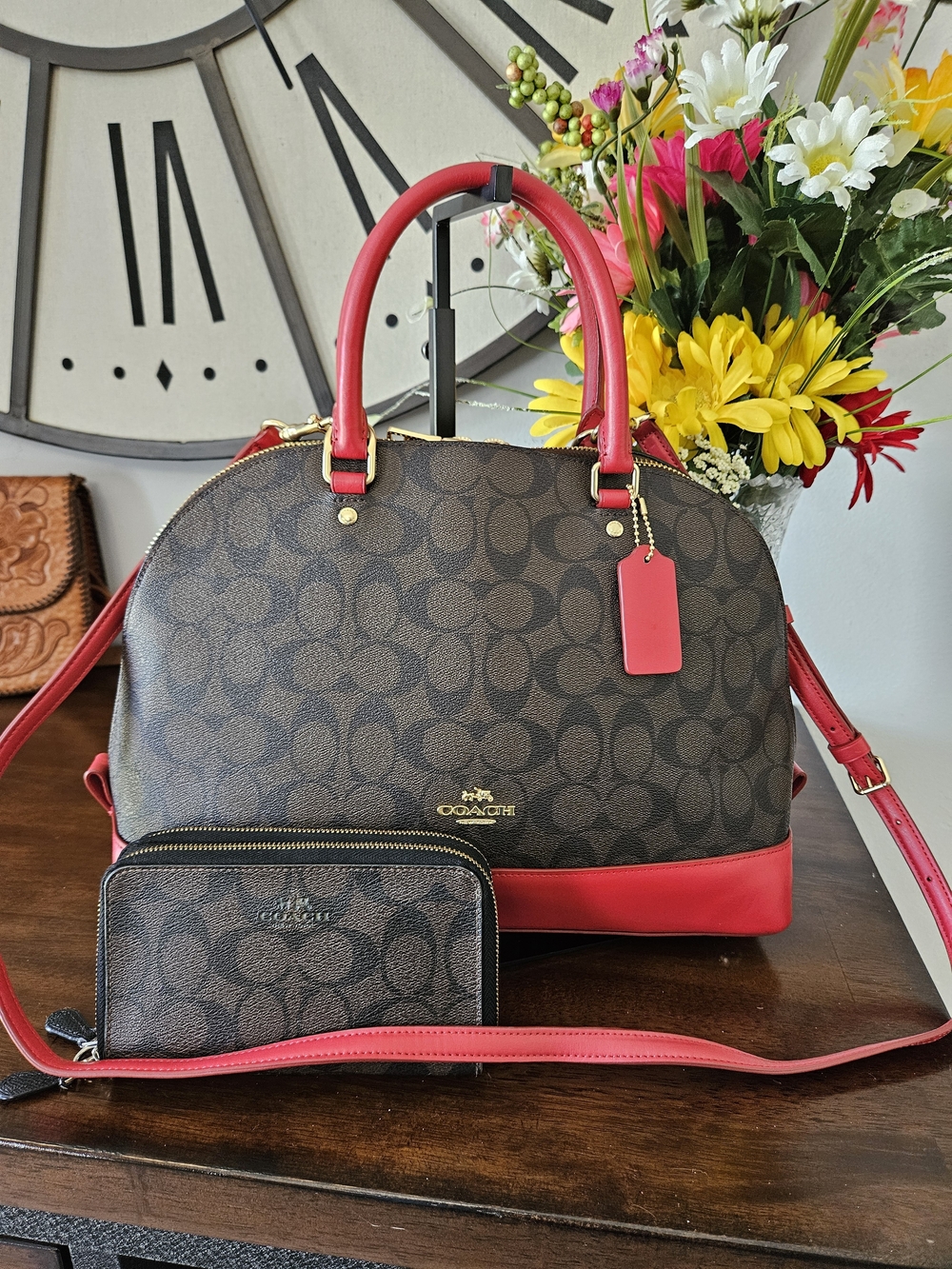 Coach Signature Dome Satchel with Red Trim